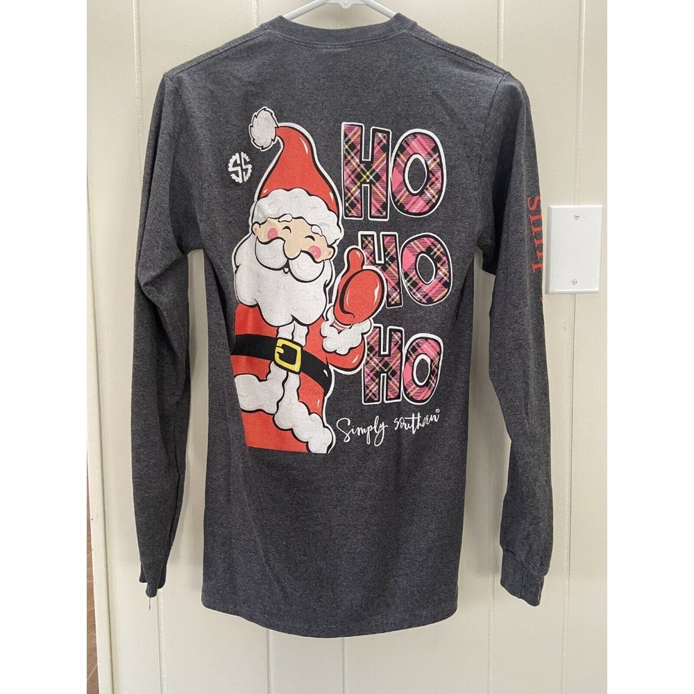 Simply Southern Shirt Women's Small Long Sleeve Grey Ho Ho Ho Santa Christmas